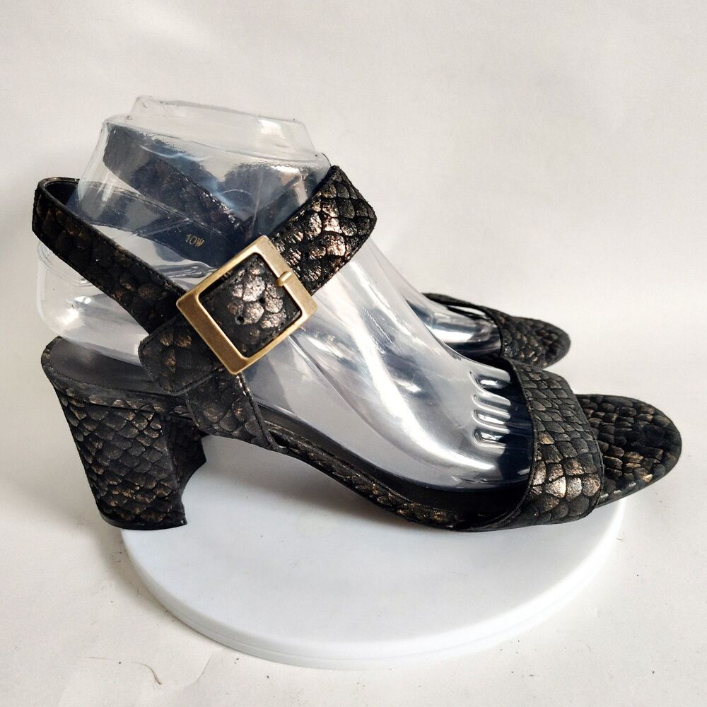 Vaneli Iridescent Snakeskin Black 3" Block Heels Leather Sandals Size 10 Wide